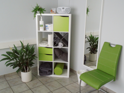 Das Bild zeigt ein Regal, links danebensteht eine Topfpflanze und rechts daneben ein grner Stuhl.